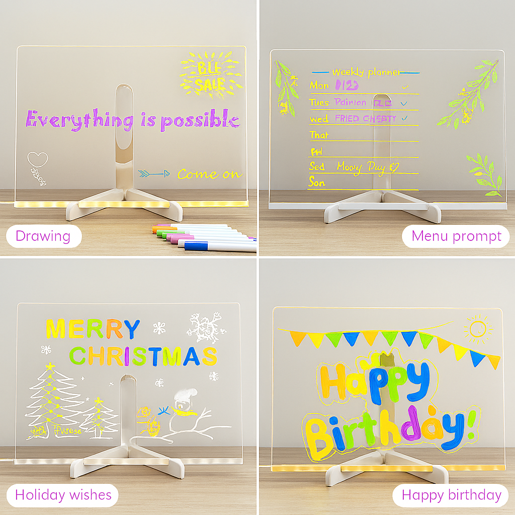 Four different uses of a transparent board with markers on a wooden surface.