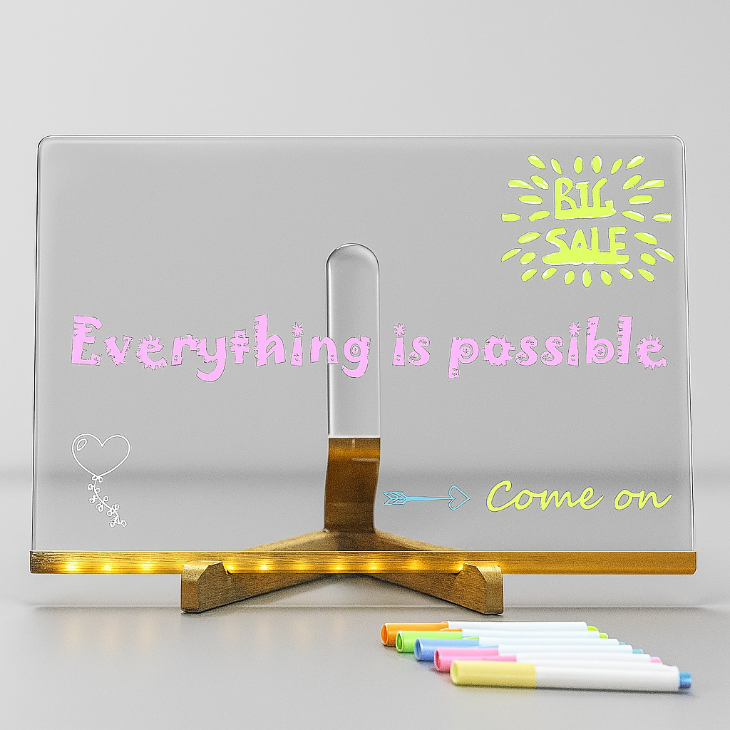 Decorative stand with motivational text and colorful markers on a light gray background