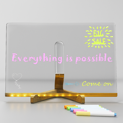 Decorative stand with motivational text and colorful markers on a light gray background