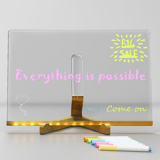 Decorative stand with motivational text and colorful markers on a light gray background
